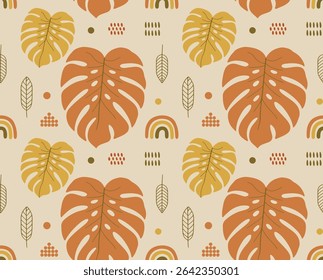 Boho Tropical Seamless Patrón Dibujado A Mano Hojas De Monstera.