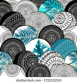 BOHO & TROPICAL seamless tiled pattern with Blue plants