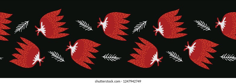 Boho Tulip Flower Blooms Vector Stripes Border Banner. Folklore Seamless Repeating Ribbon. Hipster Black Background. Striped for Trendy Fashion Trim, Ethnic Textile Edge, Stationery, Floral Packaging