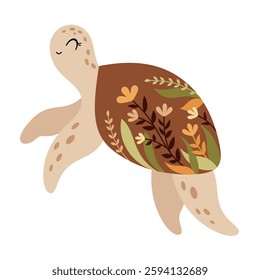 Boho turtle clipart. Floral Sea animal. Ocean animal clipart in cartoon flat style. Hand drawn vector illustration