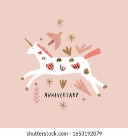 Boho unicorn and bird Bday spring concept. Folk art horse slovak ornament, swedish style drawing, pastel coloured nordic floral composition, scandinavian flower. Vector image