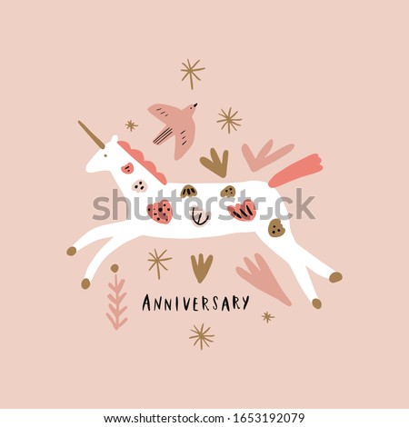Boho unicorn and bird Bday spring concept. Folk art horse slovak ornament, swedish style drawing, pastel coloured nordic floral composition, scandinavian flower. Vector image