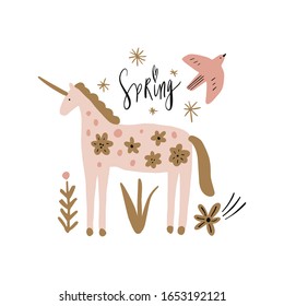 Boho unicorn and bird spring concept. Folk art horse slovak ornament, swedish style drawing, pastel coloured nordic floral composition, scandinavian flower. Vector image