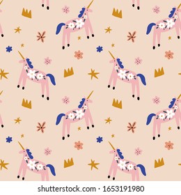 Boho unicorn Birthday Anniversary concept. Folk art horse slovak seamless pattern, wrapping paper ornament, swedish style drawing, pastel coloured nordic floral composition, scandinavian flower