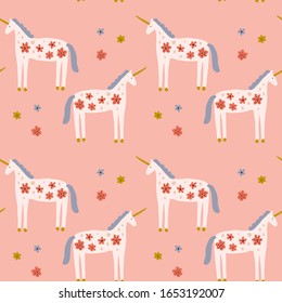 Boho unicorn Birthday Anniversary concept. Folk art horse slovak seamless pattern, wrapping paper ornament, swedish style drawing, pastel coloured nordic floral composition, scandinavian flower