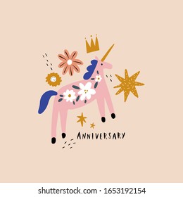 Boho unicorn Birthday Anniversary concept. Folk art horse slovak ornament, swedish style drawing, pastel coloured nordic floral composition, scandinavian flower. Vector image