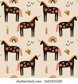 Boho unicorn concept. Folk art horse slovak seamless pattern, wrapping paper ornament, swedish style drawing, pastel coloured nordic floral composition, scandinavian flower. Vector image