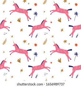 Boho unicorn concept. Folk art horse slovak seamless pattern, wrapping paper ornament, swedish style drawing, pastel coloured nordic floral composition, scandinavian flowers. Vector EPS clip art