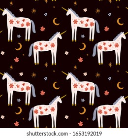 Boho unicorn good night concept. Folk art horse slovak seamless pattern, wrapping paper ornament, swedish style drawing, pastel coloured nordic floral composition, scandinavian flower. Vector image