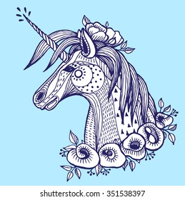 Boho unicorn. Hand drawn vector illustration.