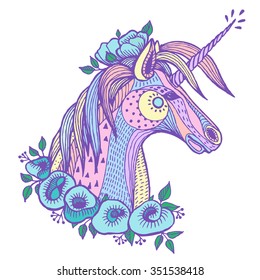 Boho unicorn. Hand drawn vector illustration.