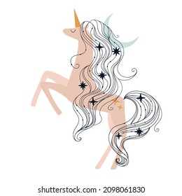 Boho unicorn with moon and stars. Vector clipart