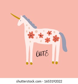 Boho unicorn spring concept. Folk art horse slovak ornament, swedish style drawing, pastel coloured nordic floral composition, scandinavian flower. Vector image