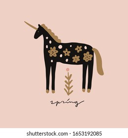 Boho unicorn spring concept. Folk art horse slovak ornament, swedish style drawing, pastel coloured nordic floral composition, scandinavian flower. Vector image