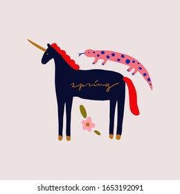 Boho unicorn spring concept. Folk art horse slovak ornament, swedish style drawing, pastel coloured nordic floral composition, scandinavian flower. Vector image