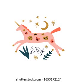 Boho unicorn spring concept. Folk art horse slovak ornament, swedish style drawing, pastel coloured nordic floral composition, scandinavian flower. Vector image