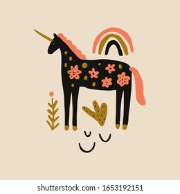 Boho unicorn spring concept. Folk art horse slovak ornament, swedish style drawing, pastel coloured nordic floral composition, scandinavian flower. Vector image