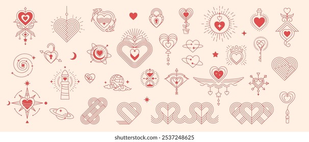 Boho valentine esoteric celestial and mystic symbols and elements. Vector set of Bohemian style signs of love and Valentines day. Hearts, birds and fishes, sun, stars or clouds, lighthouse, planet