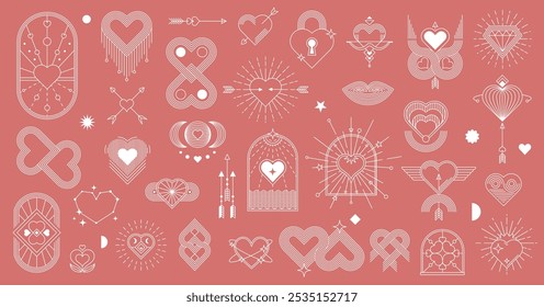 Boho Valentine symbols. Celestial, mystic and esoteric icons of vector line love heart, rainbow, moon, sun and star with minimal geometric pattern. Boho outline arch, diamond, Cupid arrows and bow