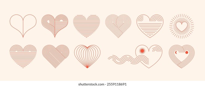 Boho Valentines day abstract linear art hearts. Minimalist geometric Valentines heart symbols, elements. Love, wedding, valentines concept illustration and vector design