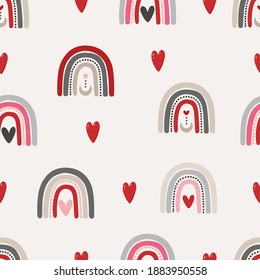 Boho Valentine's day seamless pattern background with boho rainbows, hearts, moon and stars,flowers. Bohemian Valnetine's day collection. Love Digital paper for scarpbooking, fabric, textile,wallpaper