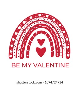 Boho Valentines Rainbow. Clíparte dibujada a mano. Plantilla vectorial para la pancarta de San Valentín, afiche, volante, tarjeta de saludo, camiseta, etc. 