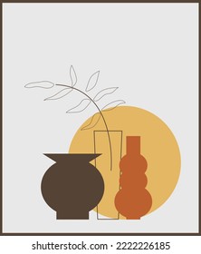 Boho vase composition, contemporary art poster, wall decoration