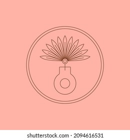 Boho Vase and Palm Dried Leaf in Trendy Minimal Liner Style. Vector Circle Bohemian Frame for Creating Logo, Postcard, Posters, Invitation, Social Media Posts and Stories