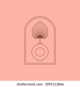 Boho Vase and Palm Dried Leaf in Modern Minimal Liner Style. Vector Bohemian Frame for Creating Logo, Postcard, Posters, Invitation, Social Media Posts and Stories
