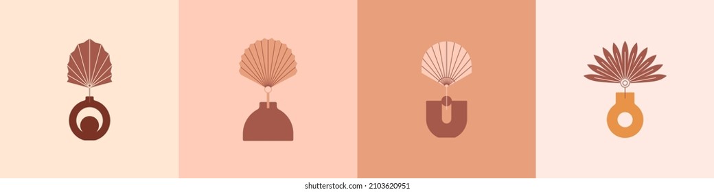 Boho Vases and Palm Dried Leaf in Trendy Minimal Style. Vector Bohemian Icons for Creating Logo, Postcard, Posters, Invitation, Social Media Posts and Stories