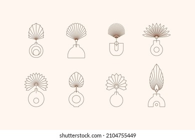 Boho Vases and Palm Dried Leaf in Trendy Minimal Liner Style. Vector Bohemian Icons for Creating Logo, Postcard, Posters, Invitation, Social Media Posts and Stories