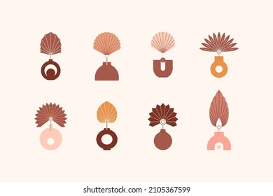 Boho Vases and Palm Dried Leaf in Trendy Minimal Style. Vector Bohemian Illustrations for Creating Logo, Postcard, Posters, Invitation, Social Media Posts and Stories