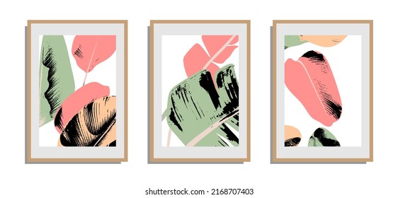 Boho Vektorkunst der botanischen Wände. Kunstzeichnungen aus tropischen Blättern mit abstrakten Formen. Abstraktes Haus Plant Art Design für Drucke, Decken, Wallpaper, Minimale und natürliche Wandkunst.