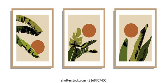 Arte vectorial Boho de paredes botánicas. Dibujos artísticos de Foliage tropical con formas abstractas. Resumen Diseño de plantas para impresiones, cubiertas, papel pintado, arte de pared mínimo y natural.