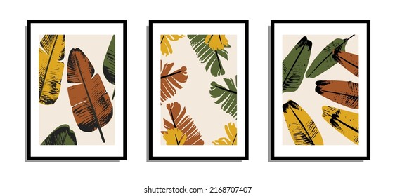 Boho vector art of botanical walls. Art drawings of Tropical Foliage with abstract forms. Abstract House Plant Art Design for prints, covers, wallpapers, Minimal and natural wall art.