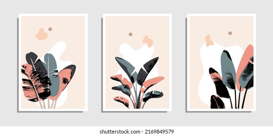  Boho vector art of botanical walls. Art drawings of Tropical Foliage with abstract forms. Abstract House Plant Art Design for prints, covers, wallpapers, Minimal and natural wall art.