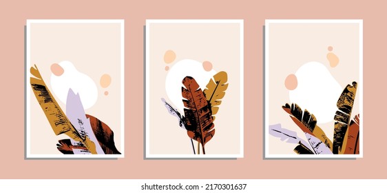 Arte vectorial Boho de paredes botánicas. Dibujos artísticos de Foliage tropical con formas abstractas. Resumen Diseño de plantas para impresiones, cubiertas, papel pintado, arte de pared mínimo y natural.