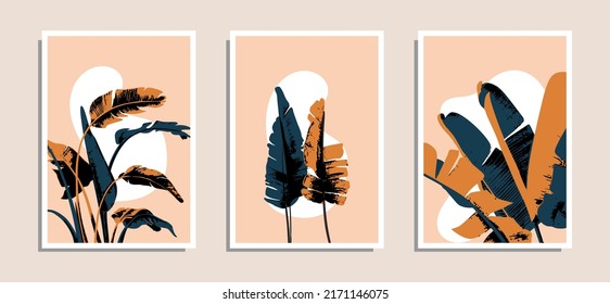 Boho vector art of botanical walls. Art drawings of Tropical Foliage with abstract forms. Abstract House Plant Art Design for prints, covers, wallpapers, Minimal and natural wall art.