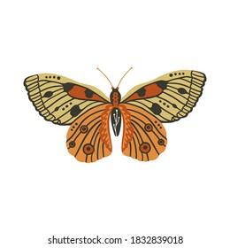 Diseño de arte vectorial Boho con mariposa bohemia. Icono de insecto aislado, ilustración dibujada a mano sobre un fondo blanco.