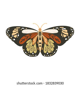 Boho vector art design with bohemian butterfly. Isolated insect icon, hand drawn illustration on a white background.