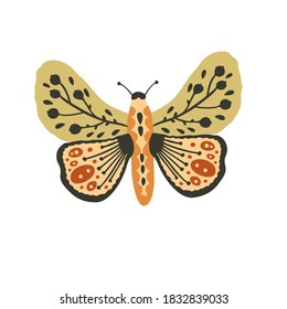 Boho vector art design with bohemian butterfly. Isolated insect icon, hand drawn illustration on a white background.