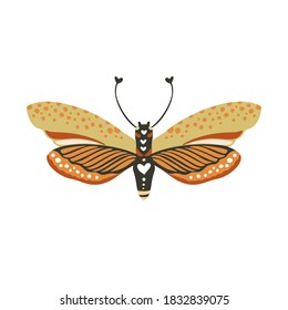 Diseño de arte vectorial Boho con mariposa bohemia. Icono de insecto aislado, ilustración dibujada a mano sobre un fondo blanco.