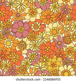 Boho vector background. Floral vintage seamless pattern. Hippie flower power retro textile print. Groovy botanical wallpaper