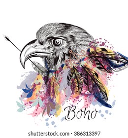 Bo-ho vector background with hand  bird  feathers and engraved eagle in watercolor style