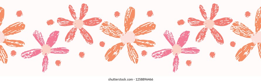 Boho Vector Coral Flower Border Banner. Large Daisy Flower Blooms. Folklore Seamless Repeating Ribbon. Hipster Background. Trendy Floral Fashion Trim, Fabric Textile, Stationery, Garden Packaging