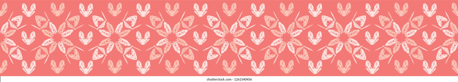 Boho Vector Coral Flower Border Banner. Love Heart Daisy Flower Blooms. Folklore Seamless Repeating Ribbon. Hipster Background. Trendy Floral Fashion Trim, Fabric Textile, Stationery, Garden Packaging