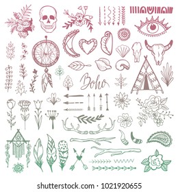 Boho vector ethnic bohemian feather arrow and tribal decoration in bohostyle illustration vintage style set isolated on white background