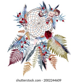 Boho vector fashion illustration with dreamcatcher, colorful feathers, fern leaves, berries