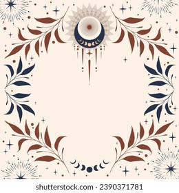 Boho vector frame with leaves and  stars. Elegant ornament. Mystic frame for tarot, esoteric, astrology design. Template for poster and prints.