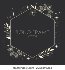 Boho vector frame with stars. Elegant ornament. Mystic frame for tarot, esoteric, astrology design. Template for poster and prints.